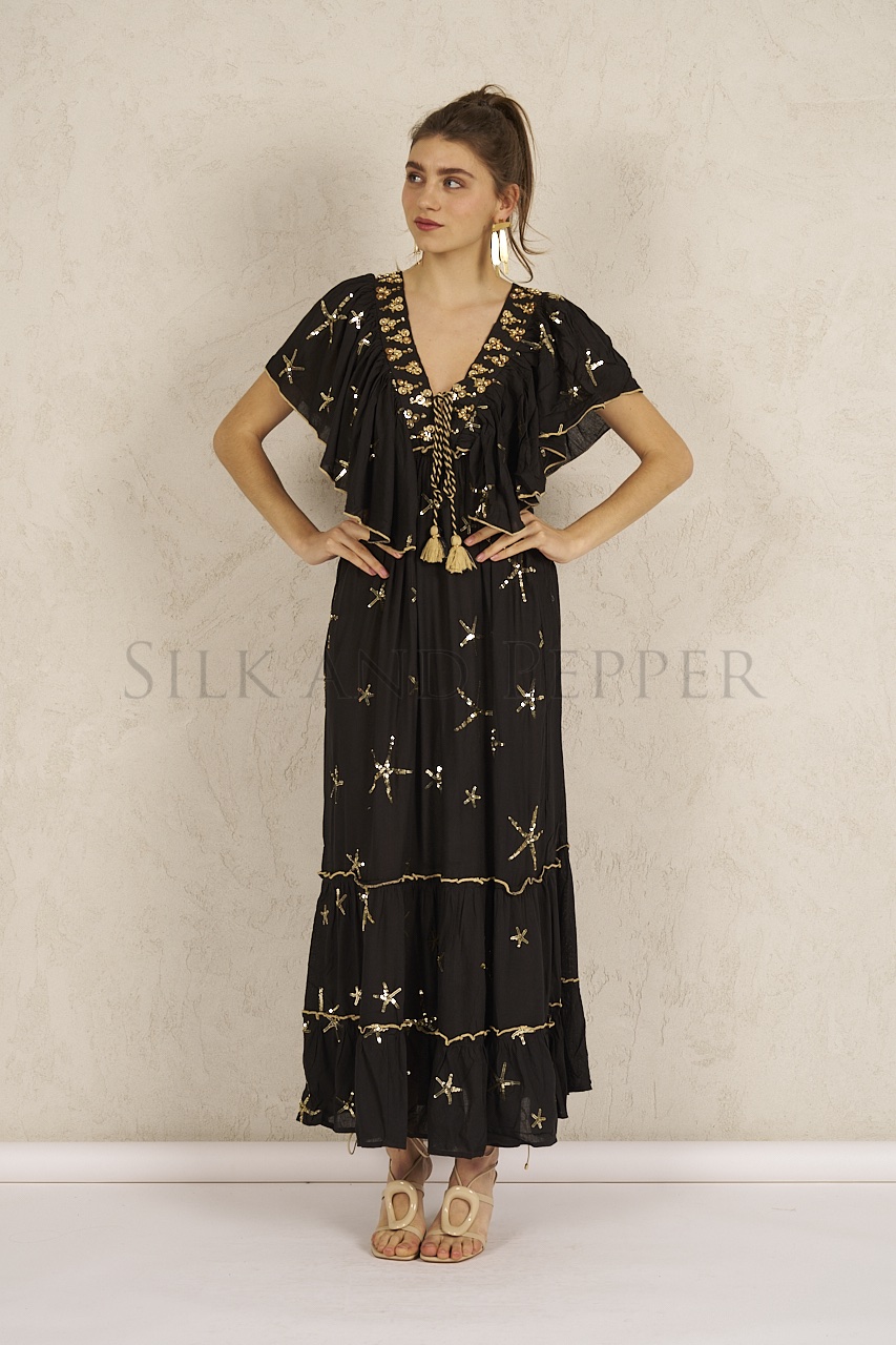 Abito nero con ricamo stelle Silk and Pepper