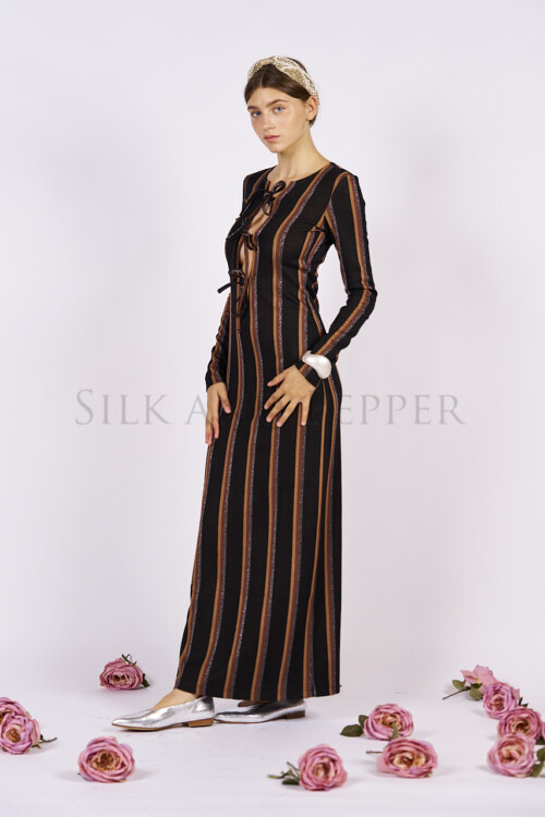 Abito Lungo Girocollo con Lacci riga lurex