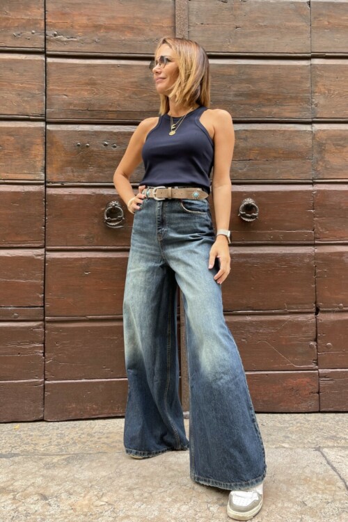 Jeans Wide Leg Slavato in Cotone