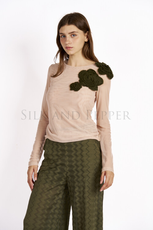Maglia tulle nude fiore military