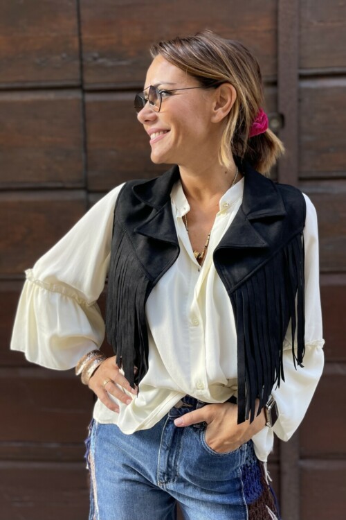 Gilet Smanicato Suede con frange Nero