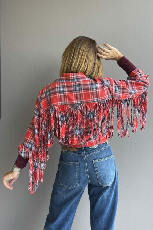 Camicia Check Rossa con Frange – 100% Cotone Made in Italy