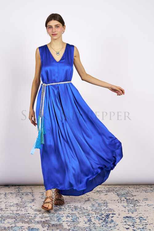 Abito lungo in viscosa blu elettrico 