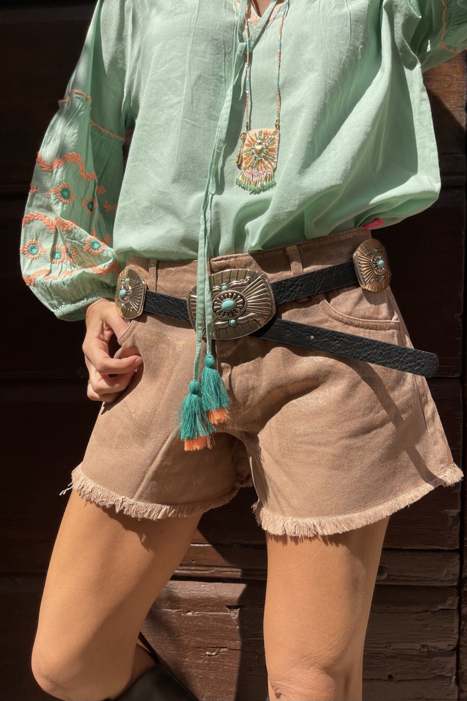 Shorts denim laminati bronzo Frontale